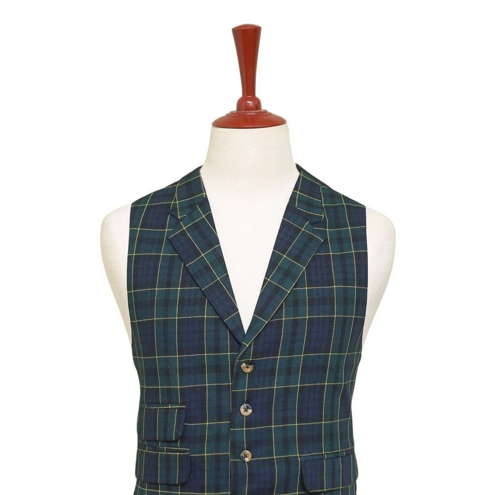 Mens Vest 44R Tartan Plaid Wool Blend Blue Green Yellow Lapel Waistcoat Wedding - Picture 4 of 9